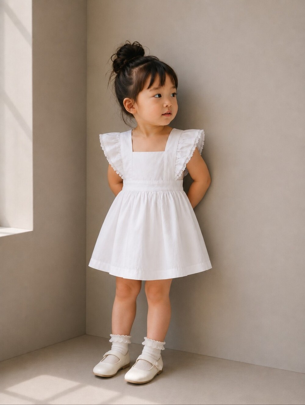 Vintage Girls White Pinafore Dress Ruffle Lace Cottagecore Prairie 2T 3T